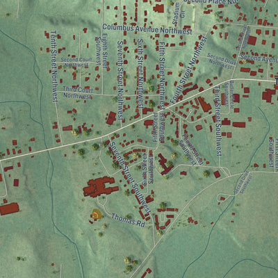 Close-up of the map of Vernon, Alabama print showing street and building detail