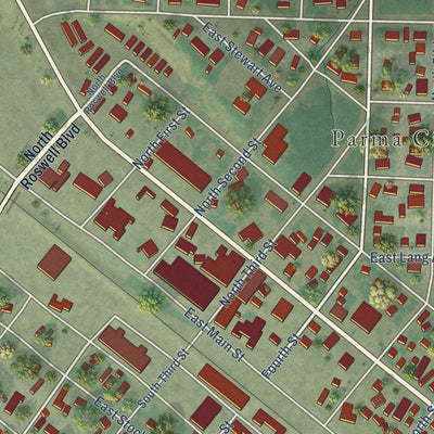Close-up of the map of Parma, Idaho print showing street and building detail