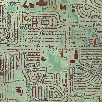 Close-up of the map of Austintown, Ohio print showing street and building detail