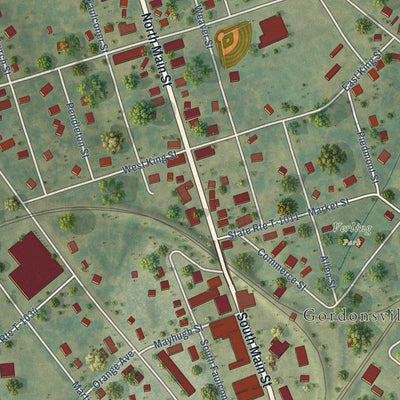 Close-up of the map of Gordonsville, Virginia print showing street and building detail