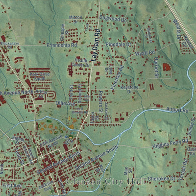 Close-up of the map of Clanton, Alabama print showing street and building detail
