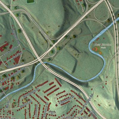 Close-up of the map of New Stanton, Pennsylvania print showing street and building detail