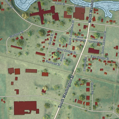 Close-up of the map of Wyocena, Wisconsin print showing street and building detail