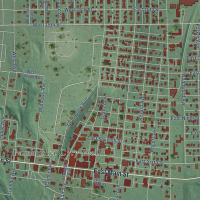 Close-up of the map of Pawhuska, Oklahoma print showing street and building detail
