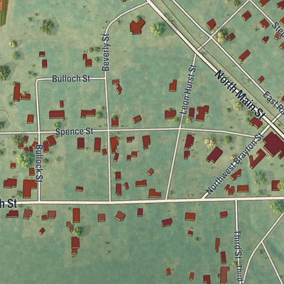 Close-up of the map of Ochlocknee, Georgia print showing street and building detail