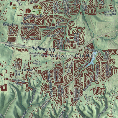Close-up of the map of Wildwood, Missouri print showing street and building detail