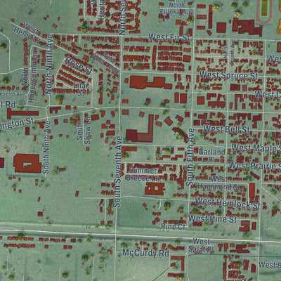 Close-up of the map of Sequim, Washington print showing street and building detail