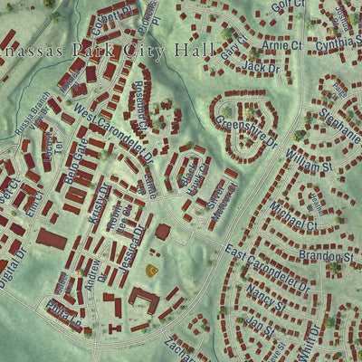 Close-up of the map of Manassas Park, Virginia print showing street and building detail