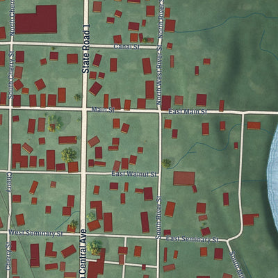 Close-up of the map of Milton, Indiana print showing street and building detail