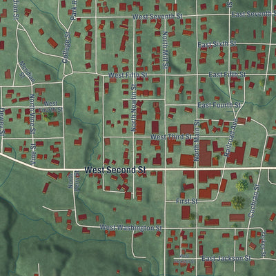Close-up of the map of Veedersburg, Indiana print showing street and building detail