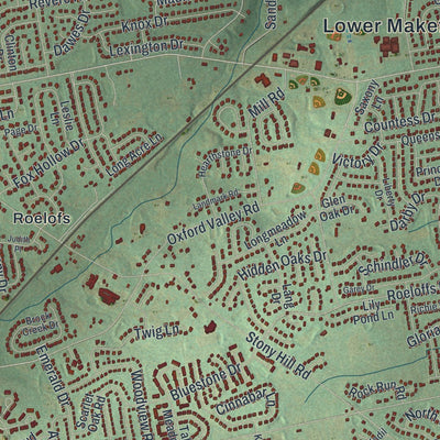 Close-up of the map of Lower Makefield, Pennsylvania print showing street and building detail