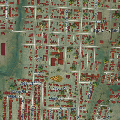 Close-up of the map of Independence, Oregon print showing street and building detail