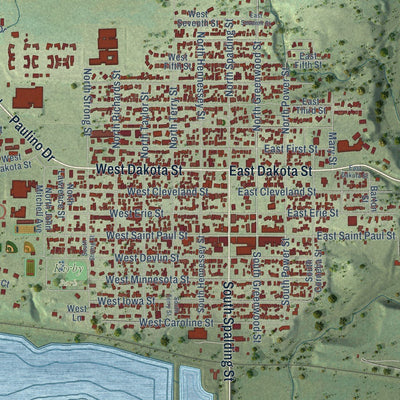 Close-up of the map of Spring Valley, Illinois print showing street and building detail