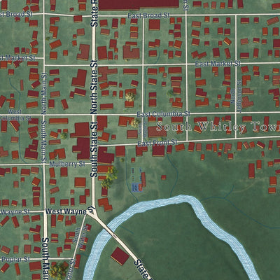 Close-up of the map of South Whitley, Indiana print showing street and building detail