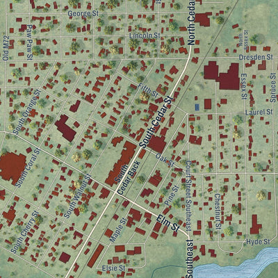 Close-up of the map of Kalkaska, Michigan print showing street and building detail