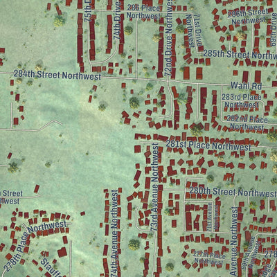 Close-up of the map of Stanwood, Washington print showing street and building detail
