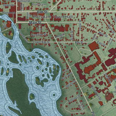 Close-up of the map of the Village of Potsdam, New York print showing street and building detail