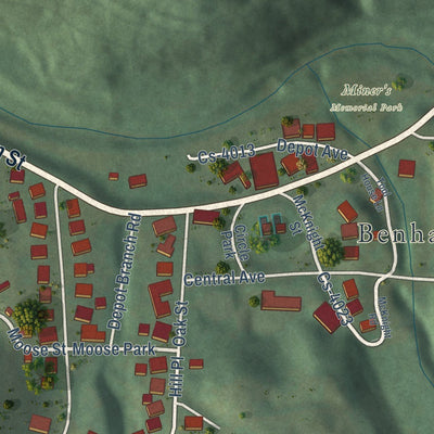 Close-up of the map of Benham, Kentucky print showing street and building detail
