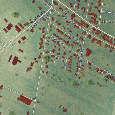Close-up of the map of Grand Coteau, Louisiana print showing street and building detail