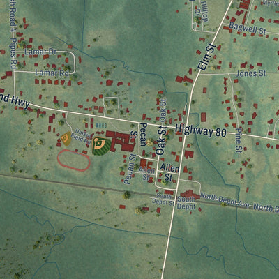 Close-up of the map of Choudrant, Louisiana print showing street and building detail