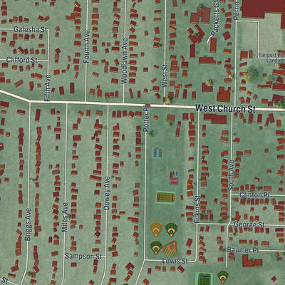 Close-up of the map of Fairport, New York print showing street and building detail