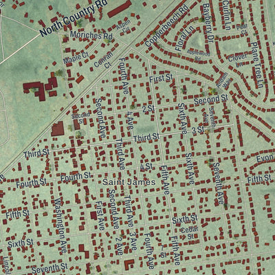 Close-up of the map of St. James, New York print showing street and building detail