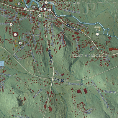 Close-up of the map of Milford, New Hampshire print showing street and building detail