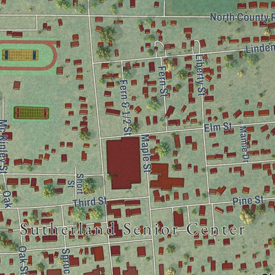 Close-up of the map of Sutherland, Nebraska print showing street and building detail