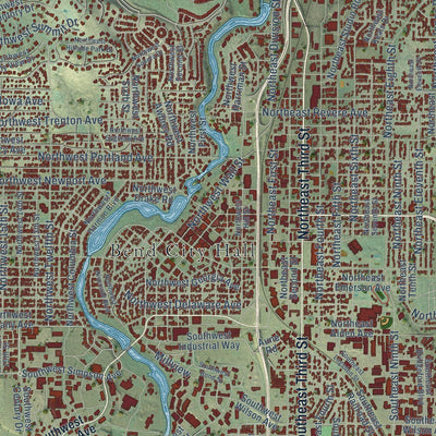 Close-up of the map of Bend, Oregon print showing street and building detail