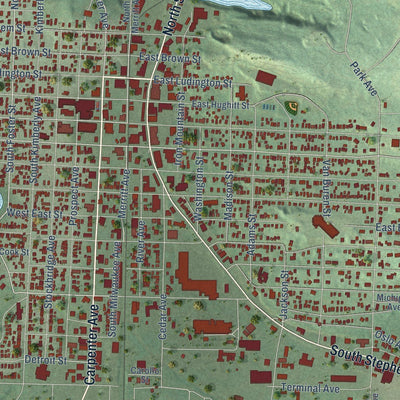 Close-up of the map of Iron Mountain, Michigan print showing street and building detail