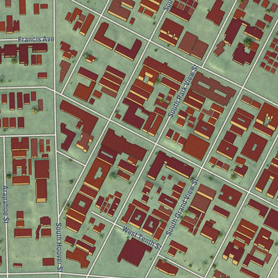 Close-up of the map of MacArthur Park, California print showing street and building detail