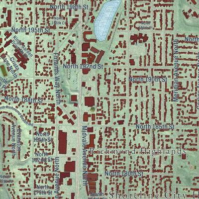 Close-up of the map of Shoreline, Washington print showing street and building detail