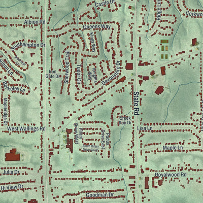 Close-up of the map of North Royalton, Ohio print showing street and building detail