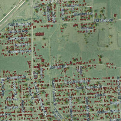 Close-up of the map of Barrett, Texas print showing street and building detail