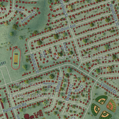 Close-up of the map of Sudley, Virginia print showing street and building detail