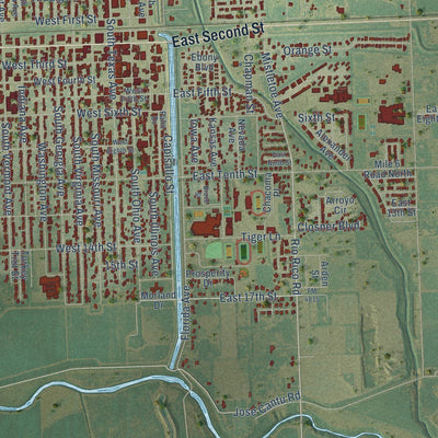 Close-up of the map of Mercedes, Texas print showing street and building detail