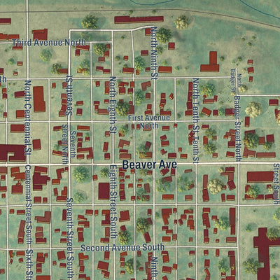 Close-up of the map of Wishek, North Dakota print showing street and building detail