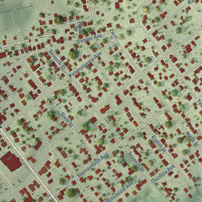 Close-up of the map of Shenandoah, Virginia print showing street and building detail