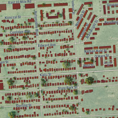 Close-up of the map of Center Line, Michigan print showing street and building detail