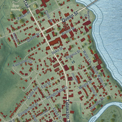 Close-up of the map of Tappahannock, Virginia print showing street and building detail