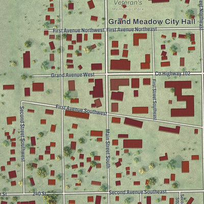 Close-up of the map of Grand Meadow, Minnesota print showing street and building detail