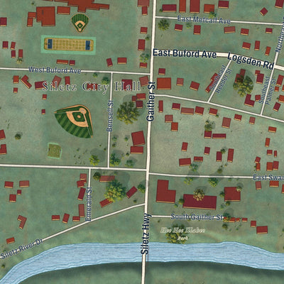 Close-up of the map of Siletz, Oregon print showing street and building detail