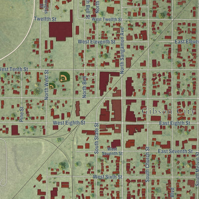 Close-up of the map of Gibson City, Illinois print showing street and building detail