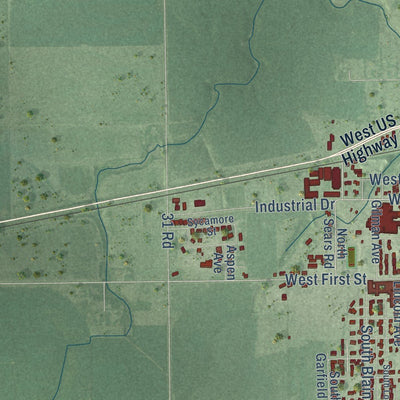 Close-up of the map of Minden, Nebraska print showing street and building detail