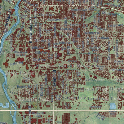 Close-up of the map of Rockford, Illinois print showing street and building detail