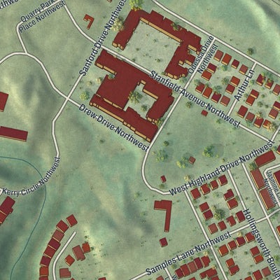 Close-up of the map of West Highlands, Georgia print showing street and building detail