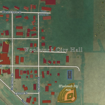 Close-up of the map of Woolstock, Iowa print showing street and building detail