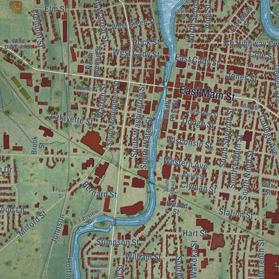 Close-up of the map of Watertown, Wisconsin print showing street and building detail
