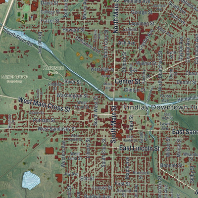 Close-up of the map of Findlay, Ohio print showing street and building detail