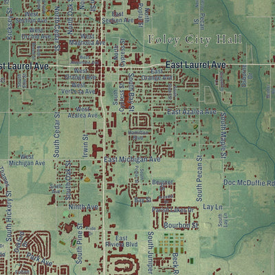 Close-up of the map of Foley, Alabama print showing street and building detail